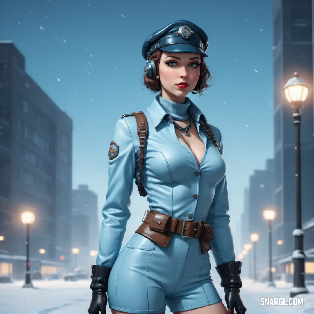 Woman in a uniform standing in the snow in a city at night with a street light in the background
