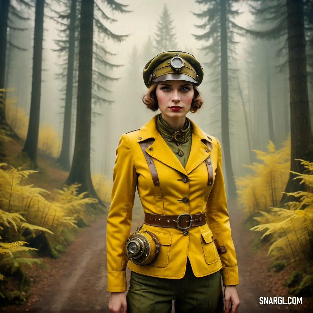 Woman in a yellow jacket and hat standing in a forest with trees and ferns on the ground and a path leading to the forest