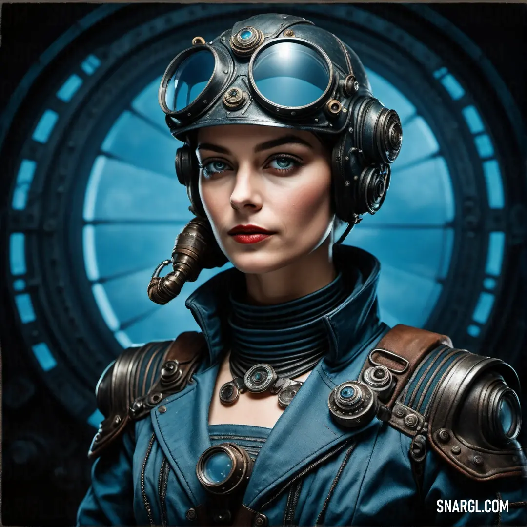 Woman wearing a helmet and goggles with a steampunk look on her face and shoulders