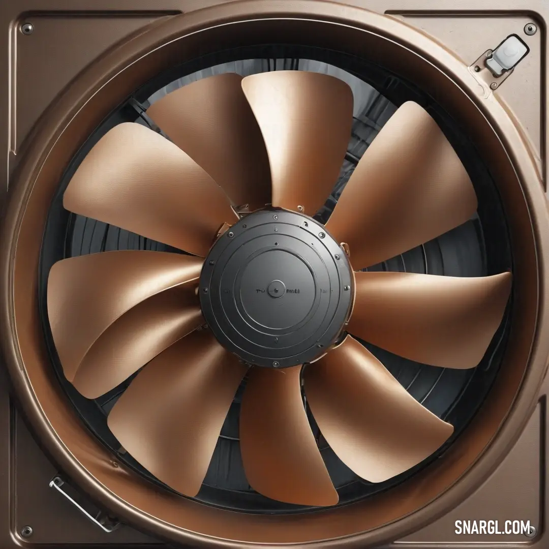 Close up of a metal fan on a wall with a brown background. Example of Dim gray color.