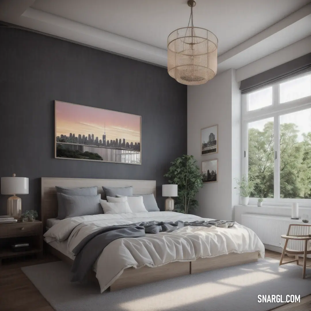 Dim gray color example: Bedroom with a large bed and a painting on the wall above it and a chair in front of the bed