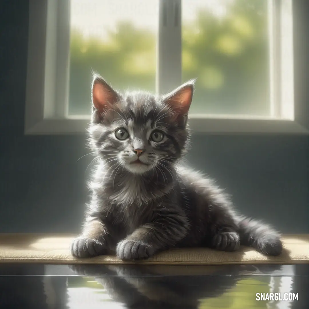 Kitten on a table in front of a window with a reflection of the cat on the table. Example of Dim gray color.