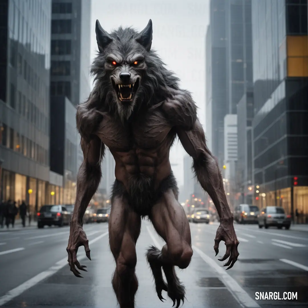 Man with a furry face and a big furry body running down a street in a city with tall buildings