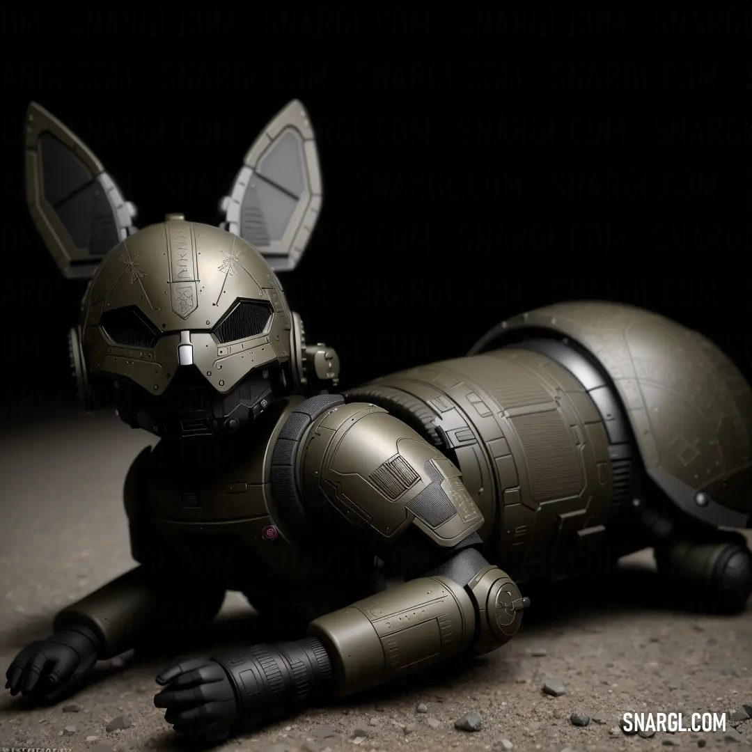 Toy robot laying on the ground with a helmet on it's head and ears on its head