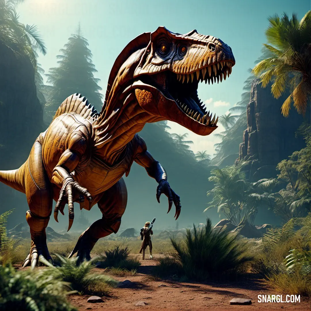 Dinosaur in a jungle with a man in the background
