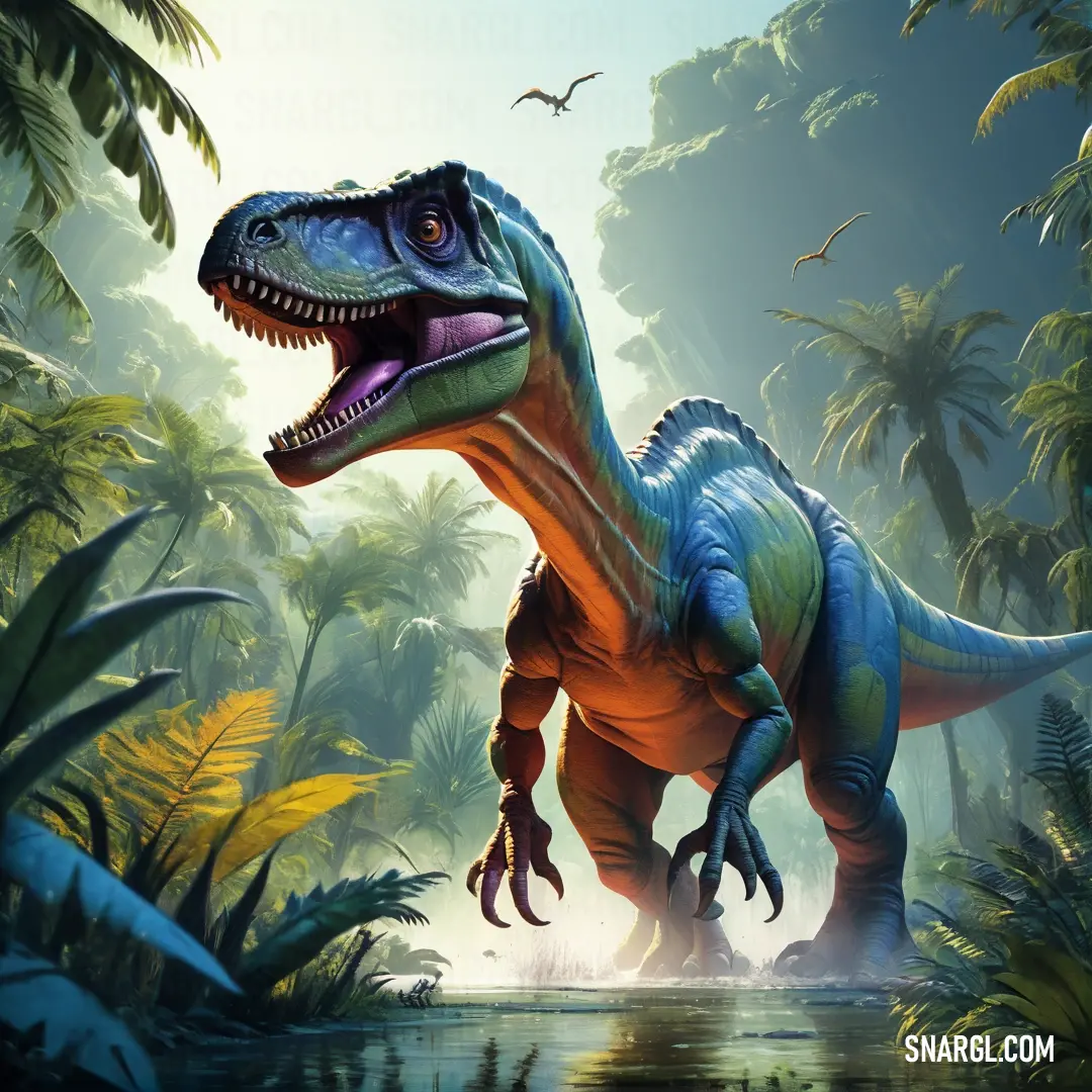 Dinosaur in a jungle with trees and plants in the background