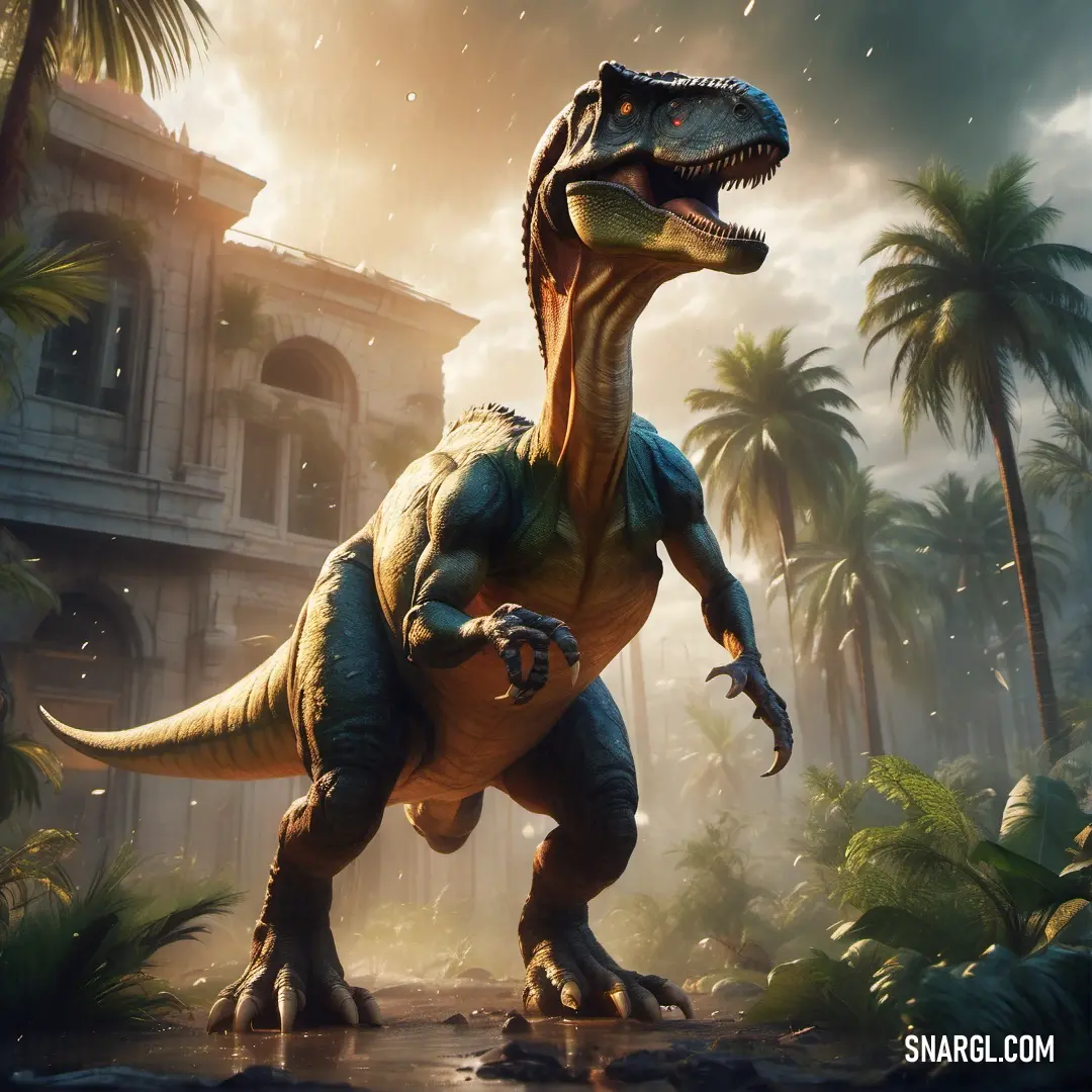 Dinosaur in a tropical setting with palm trees and a building in the background