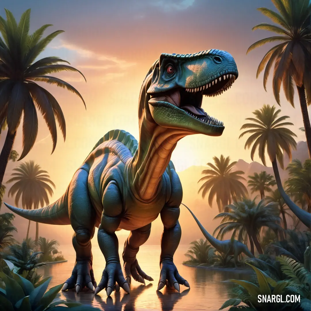 Dinosaur is standing in the middle of a jungle with palm trees and a sunset in the background