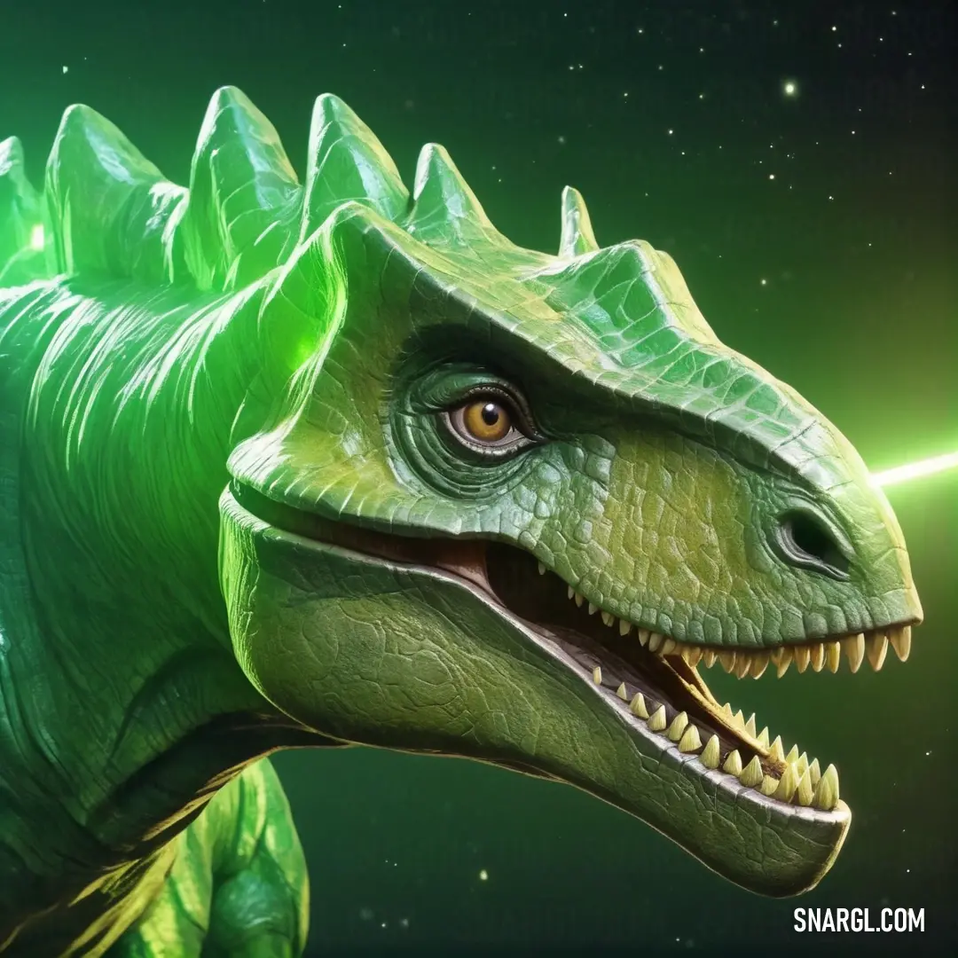 Green Dinosaur with a light saber in its mouth and a green background