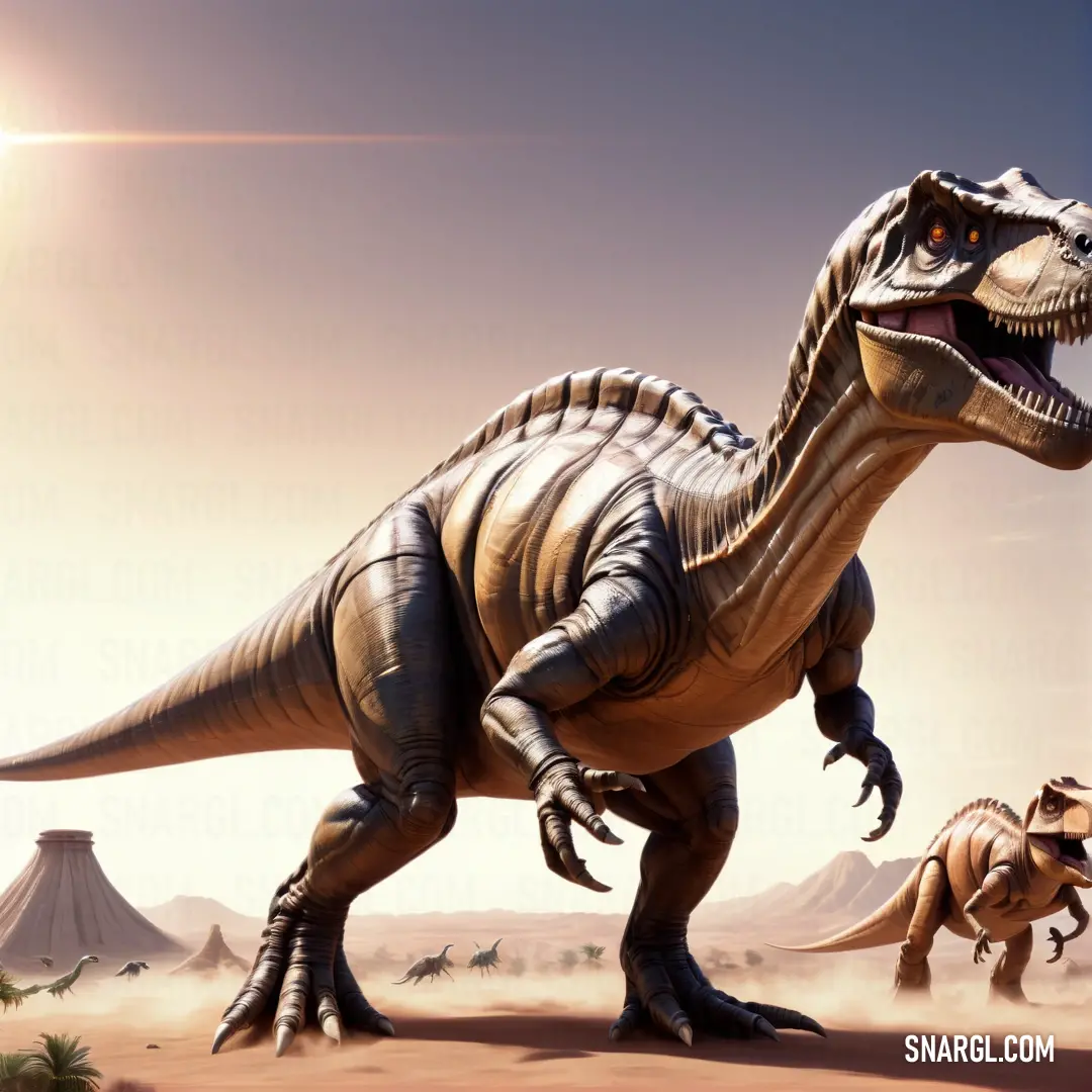 Group of dinosaurs walking across a desert field with a tent in the background