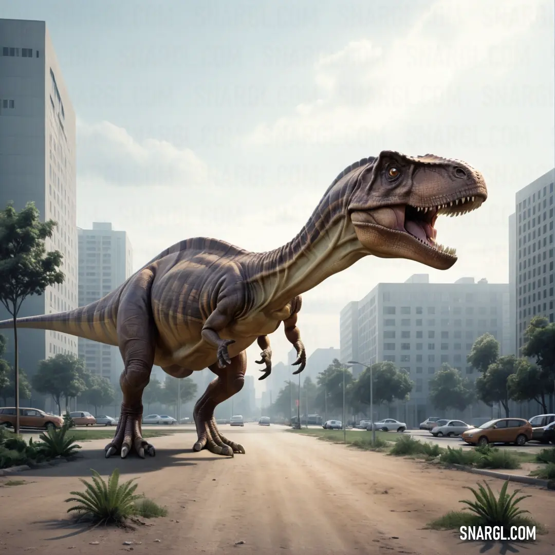 Large Dinosaur is walking in the middle of a road with tall buildings in the background