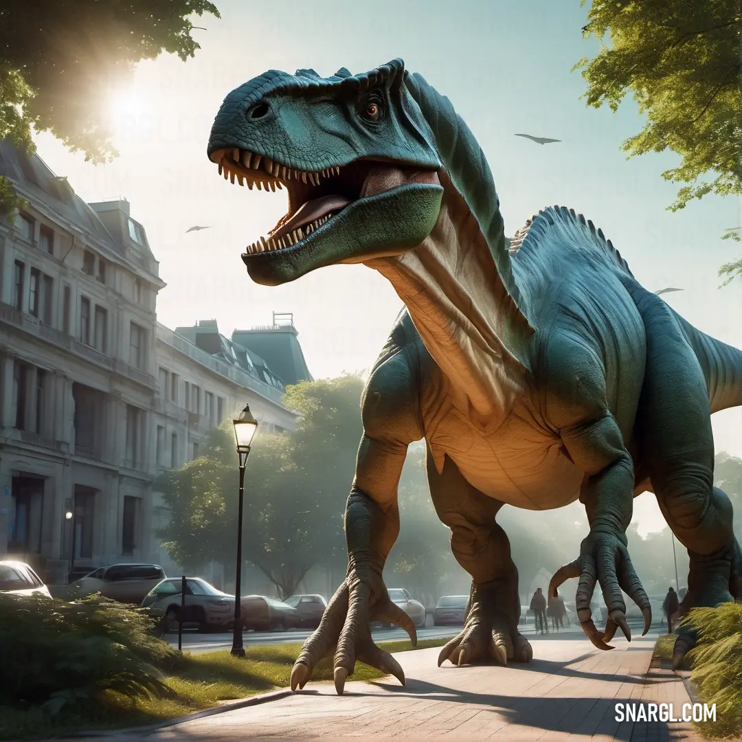 Large Dinosaur walking down a sidewalk next to a street light and a building with a clock on it