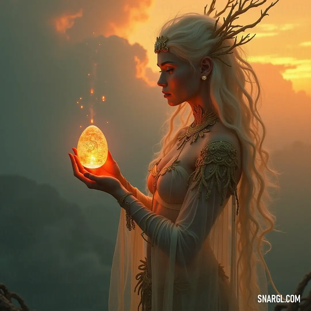 Dione, illuminated by the soft light of twilight, holds a glowing orb that symbolizes hope and magic during the delicate transition from night to day. Dione gently cradles a radiant orb in her hands as the sun rises on the horizon, casting a warm glow that enhances her ethereal beauty, surrounded by a serene landscape of dawn.