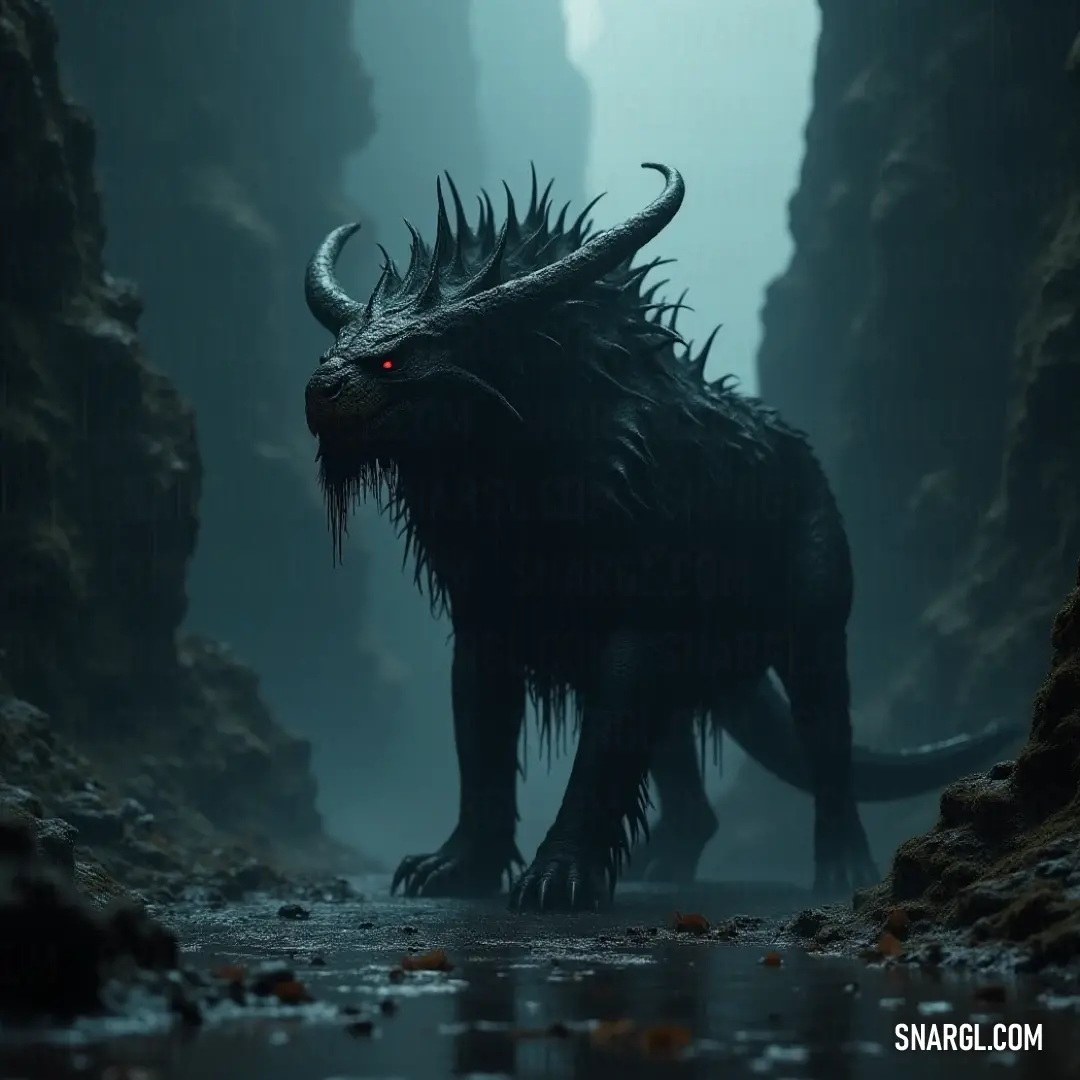 The fierce Diremaw with majestic horns amidst the reflections and shadows of a mystical cave. A formidable Diremaw, crowned with impressive horns, stands proud within the rugged confines of a shadowy cave, where shimmering water reflects the rugged rocks, setting a scene steeped in ancient mystery and untamed beauty.
