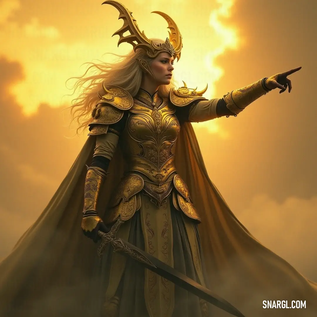 Dís stands tall in a radiant golden outfit, her sword pointed toward the sky, as the warm rays of the sun create a dramatic backdrop. Her pose exudes determination and strength, while the sun casts an aura of power around her.