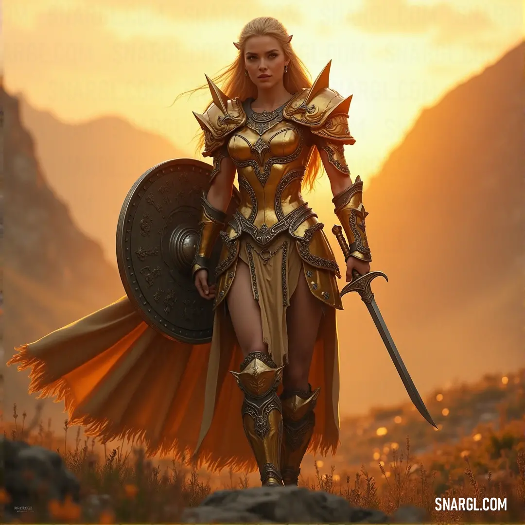 Dís, the golden warrior, holds her sword and shield firmly in a vast field, with majestic mountains rising in the distance. A brave warrior named Dís stands tall in a shimmering golden armor, holding a sword in one hand and a shield in the other. She is poised in a wide, grassy field, with towering mountains forming a dramatic backdrop under the clear sky.