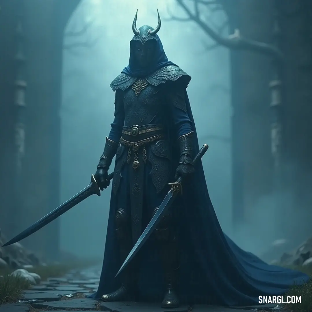 A valiant figure dressed in a striking blue outfit grips two swords in a misty forest, surrounded by ancient trees and a sense of adventure lurking in the fog. In a mystical forest cloaked in mist, a valiant figure dressed in a striking blue outfit confidently holds two gleaming swords. The ethereal fog weaves between ancient trees, creating an atmosphere thick with anticipation, embodying bravery and the pursui