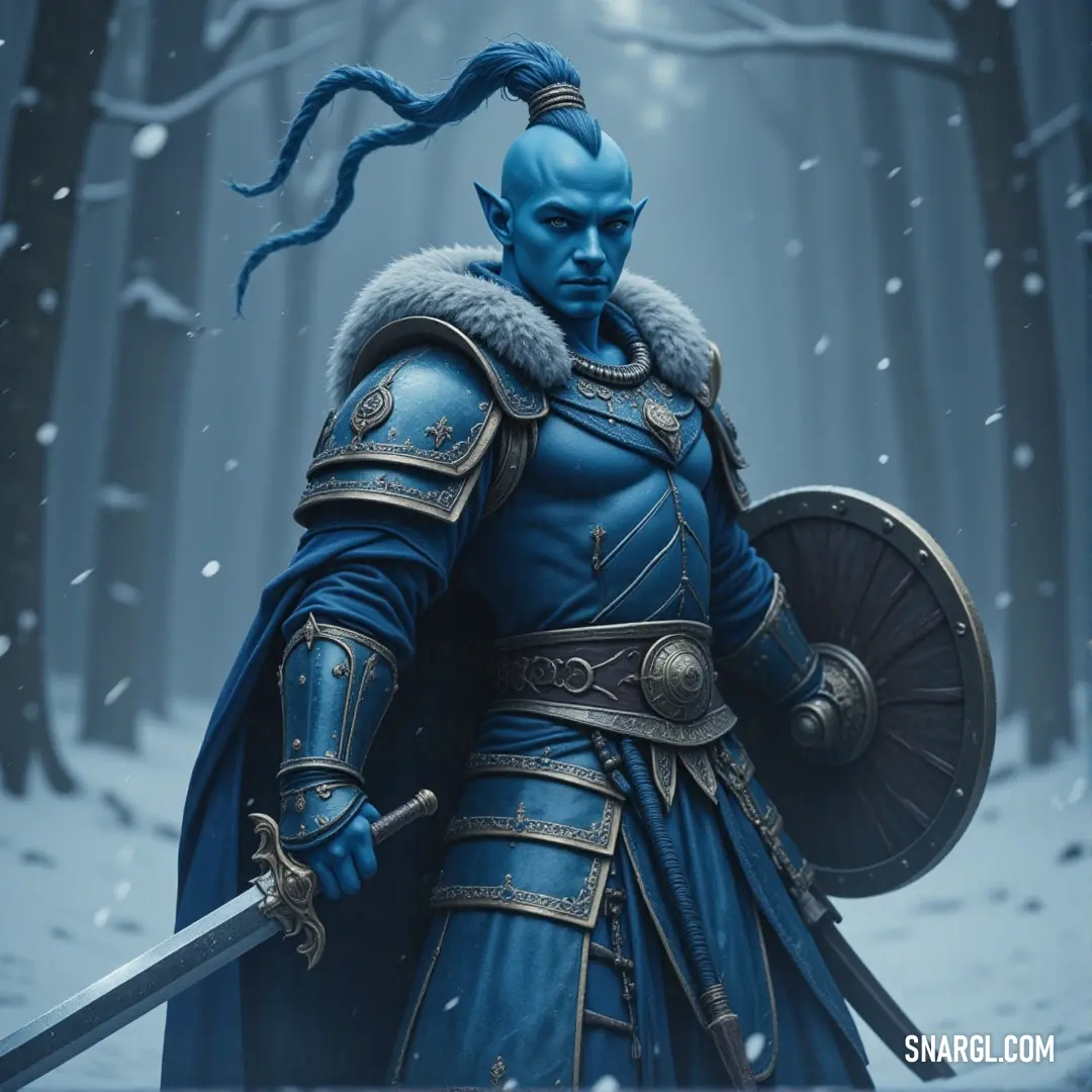 Blue Djahannam in a snowy forest, holding a sword and shield, his long blue hair blowing in the wind as he prepares for battle. A powerful Blue Djahannam stands tall in a snow-covered forest, gripping a sword and shield. His long, flowing blue hair contrasts against the wintry backdrop as he prepares for battle with an intense expression, his presence commanding the cold, quiet ai