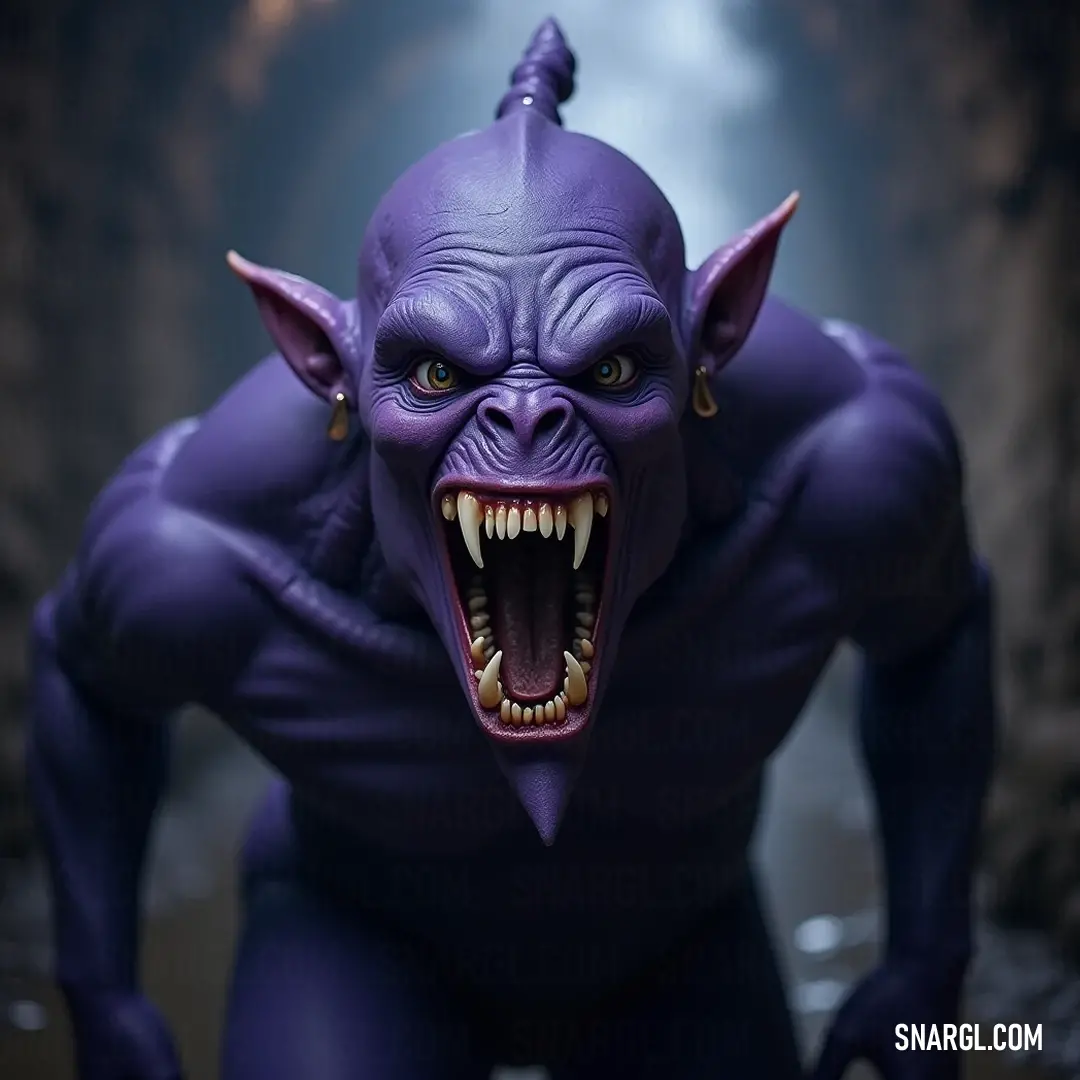 In a vivid display of character, a creature adorned in shades of purple brandishes a wide grin filled with teeth amidst shadows, emanating an enchanting blend of charm and danger. A grinning creature, purple with sharp teeth and menacing fangs, stands boldly against a dark backdrop, exuding an aura of mischief and strength that captivates with its eerie charm and powerful presence.