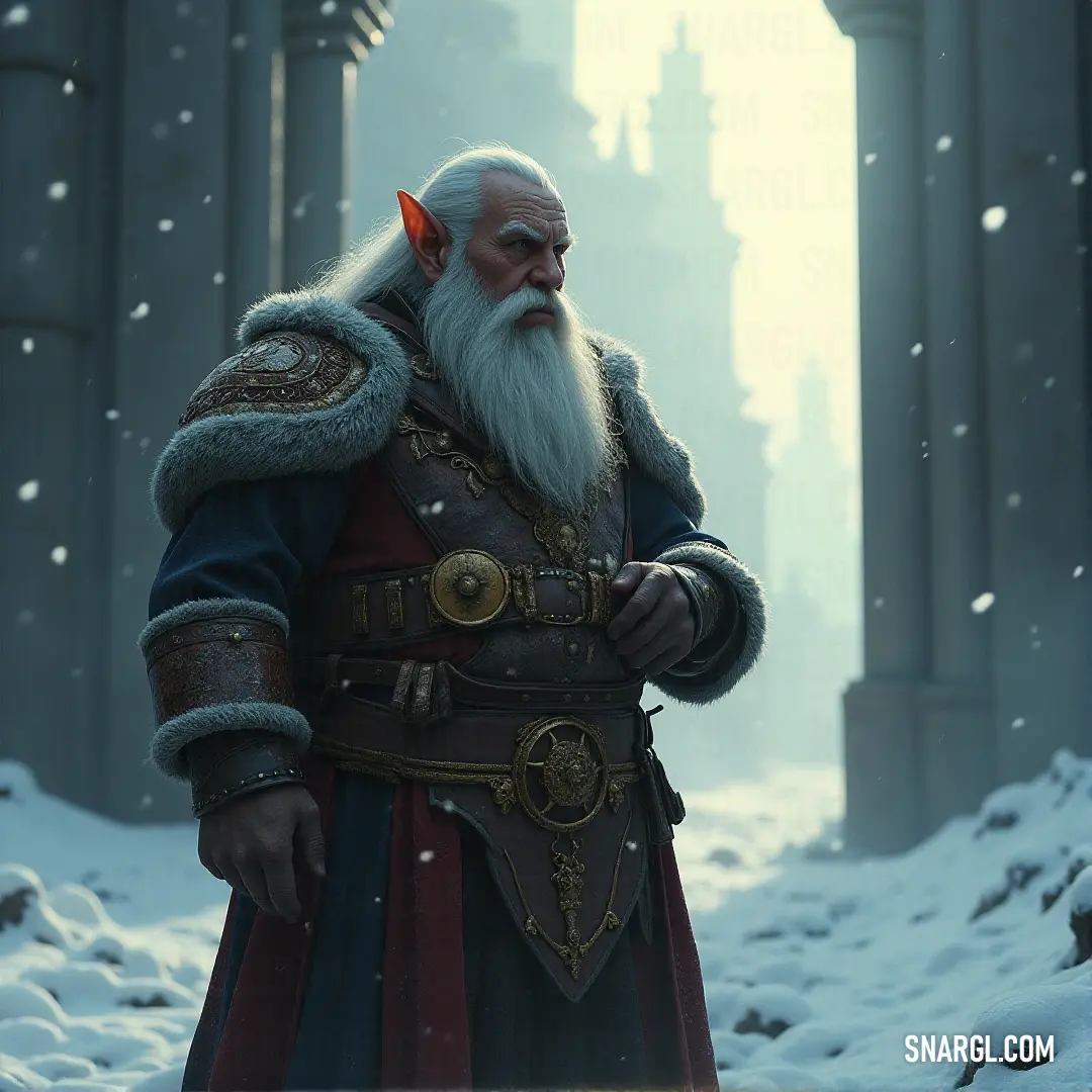 A man with a thick beard, dressed in warm clothing, stands amidst a snowy landscape. Tall stone pillars rise around him, their ancient forms contrasting with the snow-covered ground and frozen air, creating a serene yet mysterious atmosphere.