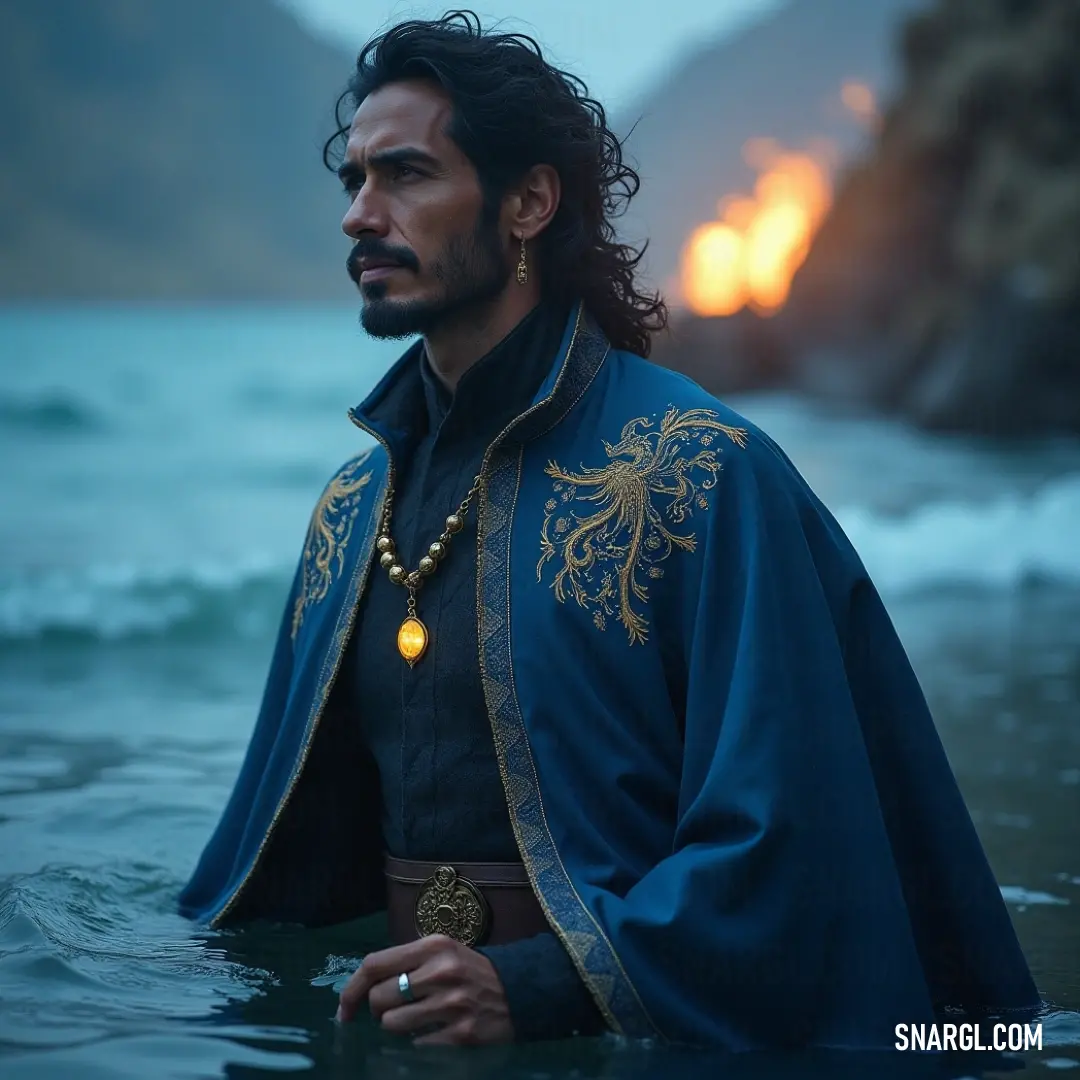 A striking figure in a vibrant blue cape and yellow necklace floats gracefully in serene waters, embodying peace and strength through a vibrant display of colors. Drifting serenely in tranquil waters, a striking figure is adorned in a vibrant blue cape, accented by a bold yellow necklace. The reflection of the shimmering surface mirrors his presence, mingling colors and energies that evoke a sense of peace and stre