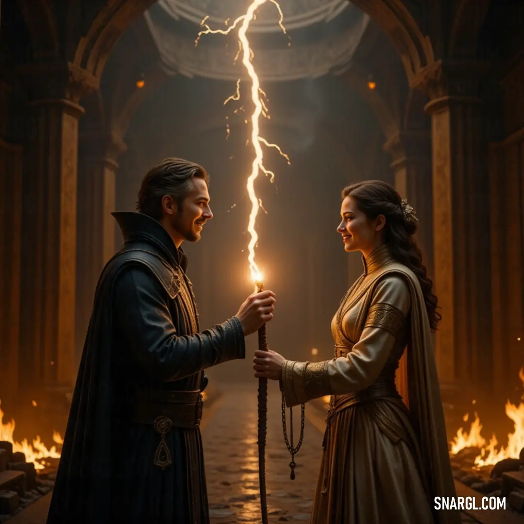 A valiant warrior brandishes a sword in a blazing room, surrounded by roaring flames and the fury of a lightning storm. A heroic figure stands defiantly with a sword, illuminated by flickering flames in a fiery chamber, as lightning crackles fiercely in the stormy sky above.