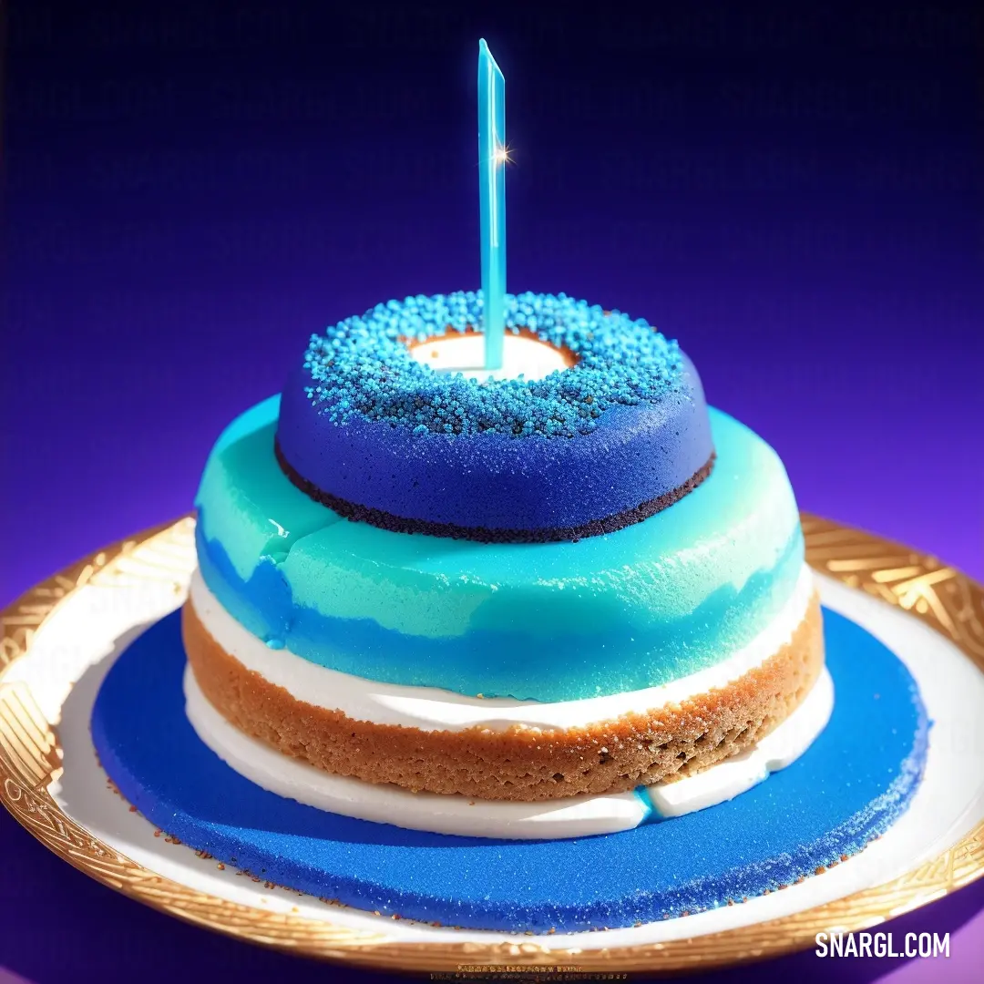 Blue and white cake with a candle on top of it on a plate with a purple background and a gold frame