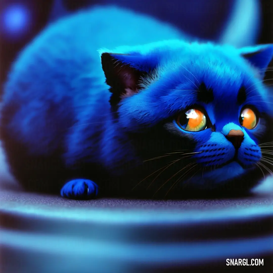 Blue cat with glowing eyes laying down on a table top with a black background