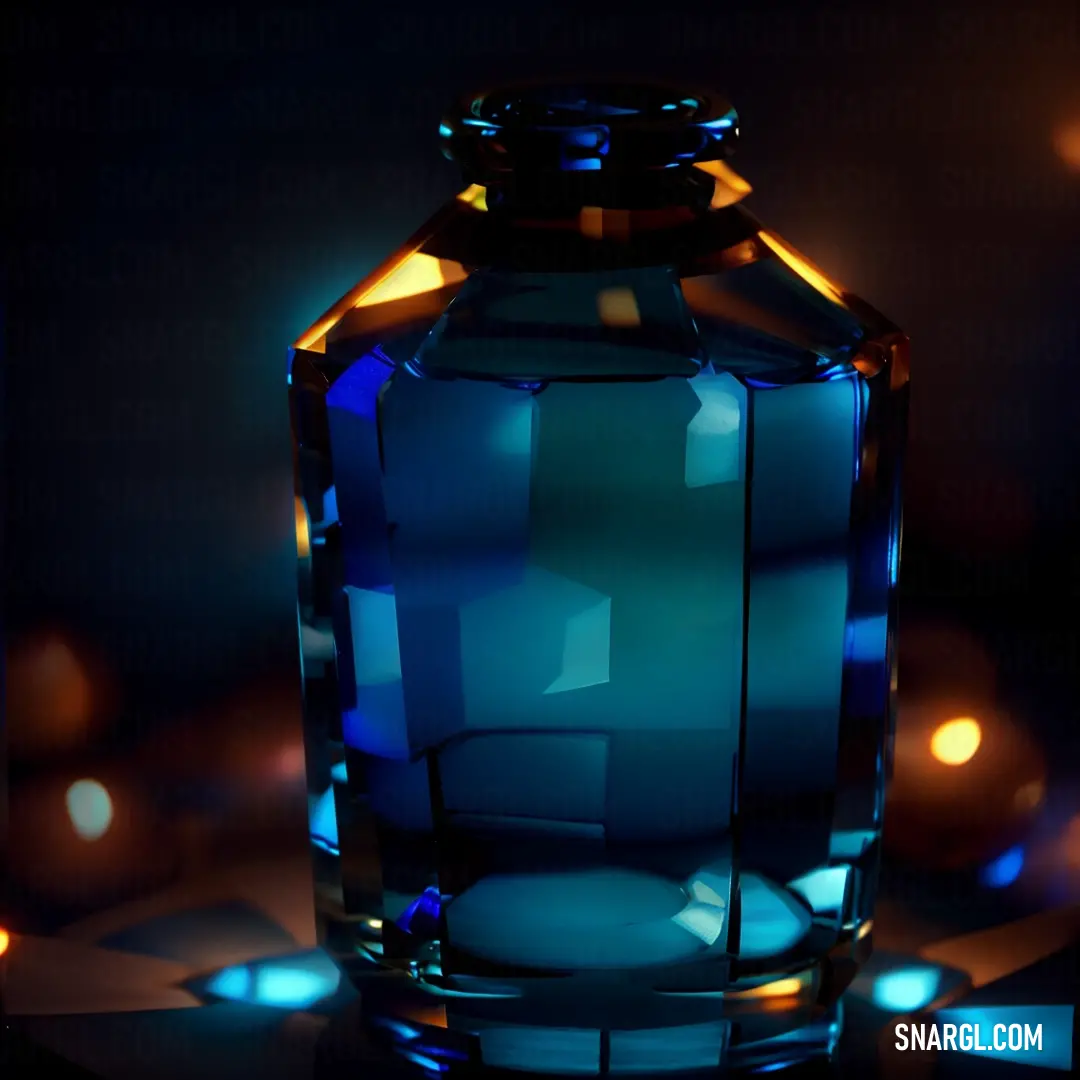 Blue glass bottle with a blue top on a table with lights in the background