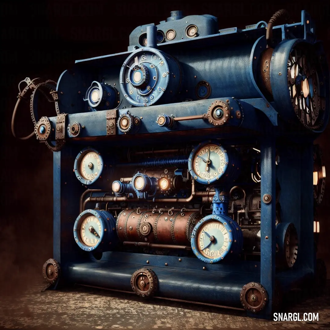 Blue machine with a bunch of clocks on it's side