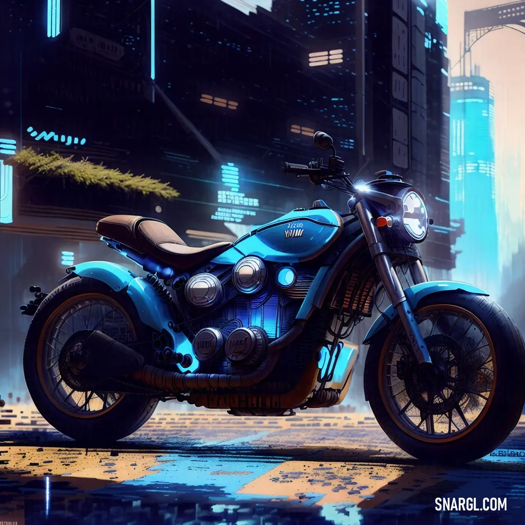 Blue motorcycle parked in front of a city at night with lights on it's side