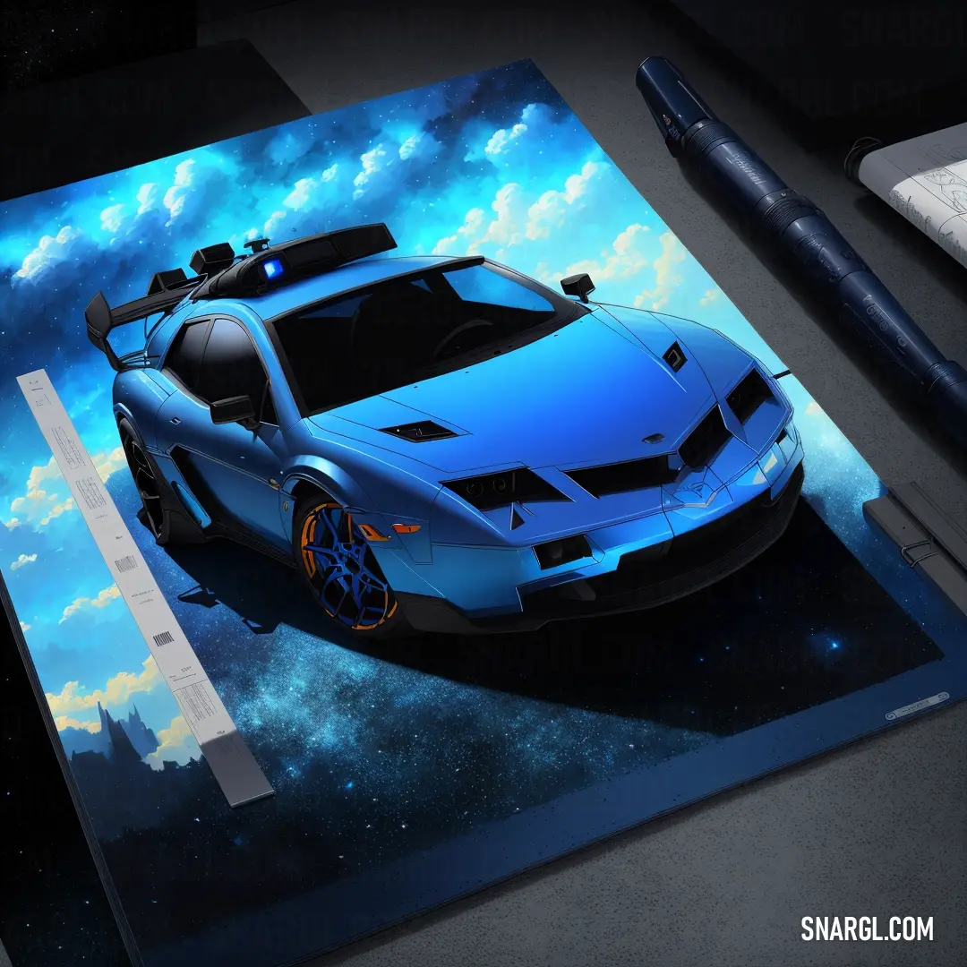 Blue sports car is on a blue background with clouds and stars on it. Example of CMYK 88,44,0,0 color.