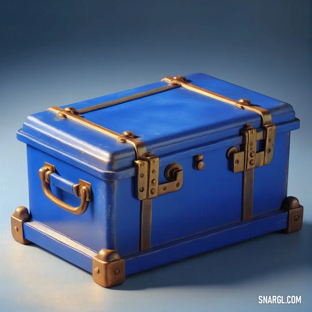 Dodger blue color. Blue suitcase with gold handles and handles on a blue background