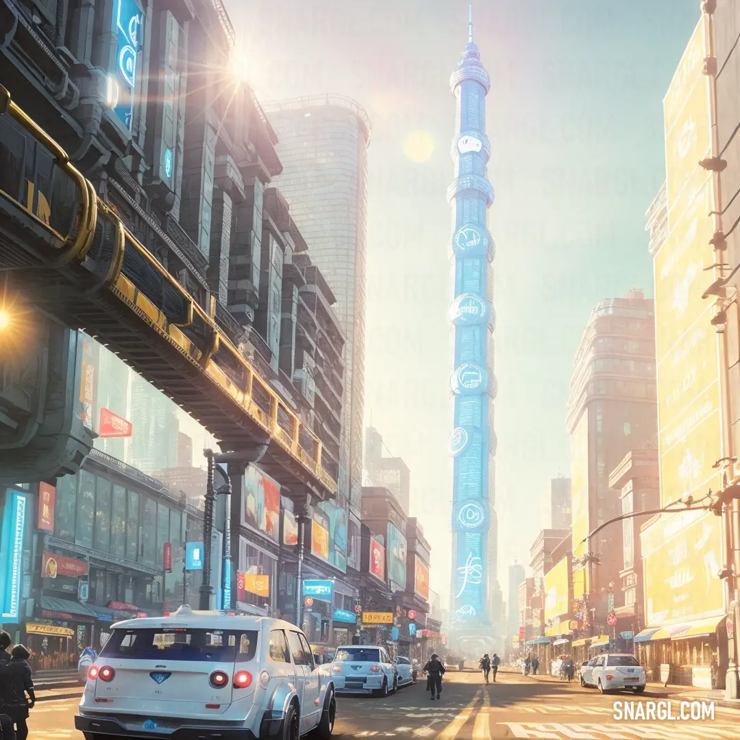 City street with cars and people walking on the sidewalk and a tall building in the background with a blue light