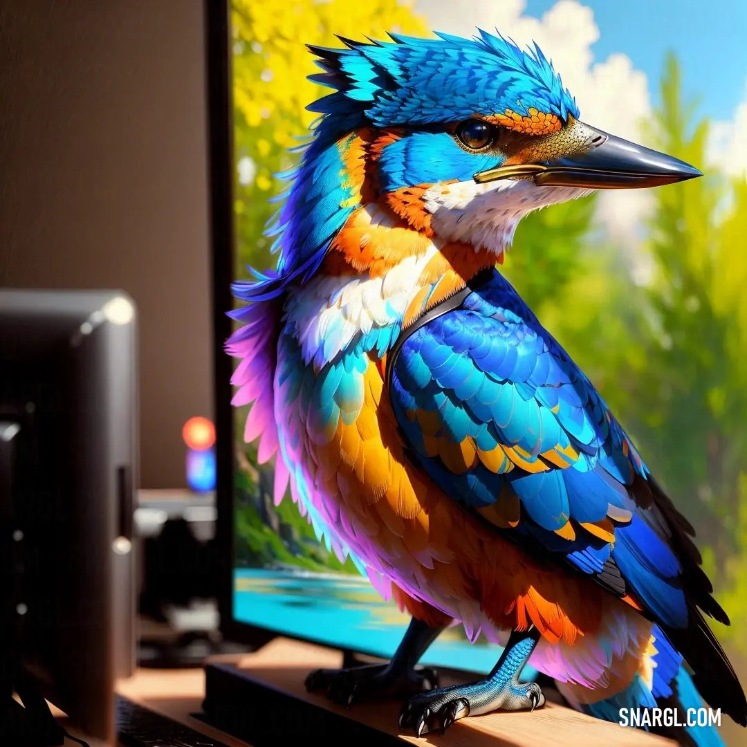 Colorful bird on a computer keyboard next to a monitor screen and keyboard mouse pad with a picture of a bird on it