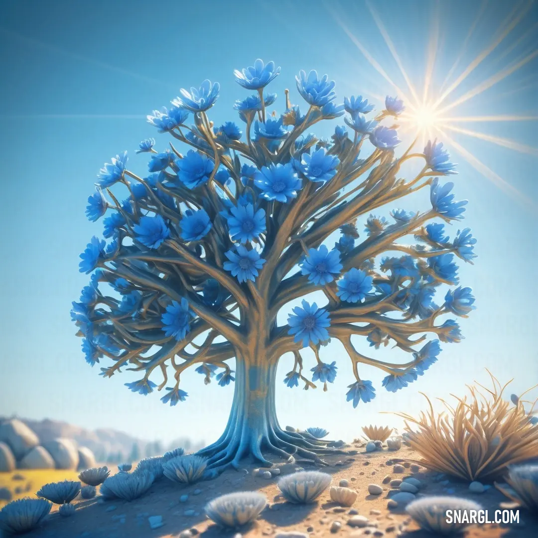 Blue tree with blue flowers on a hill with rocks and grass in the foreground. Color RGB 30,144,255.