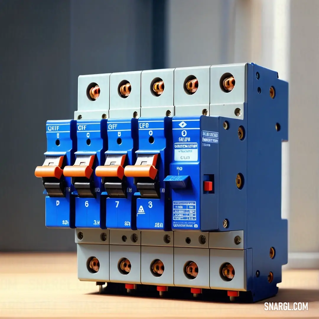 Close up of a blue and orange circuit box on a table with a white wall in the background. Color #1E90FF.