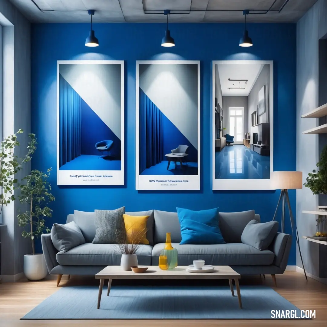 Dodger blue color. Living room with blue walls and a gray couch and coffee table with a vase on it and two pictures on the wall