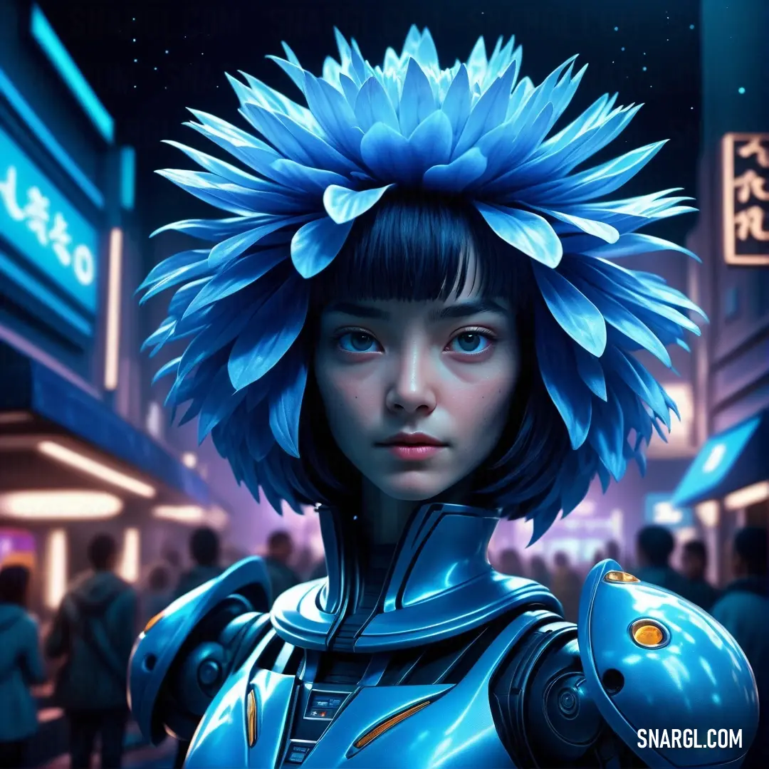 Woman in a futuristic suit with a blue flower on her head. Example of Dodger blue color.