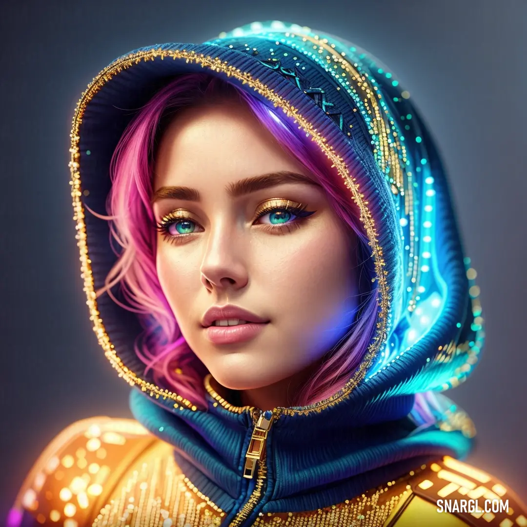 Dodger blue color. Woman with a hoodie and a colorful hairdow is wearing a gold and blue outfit