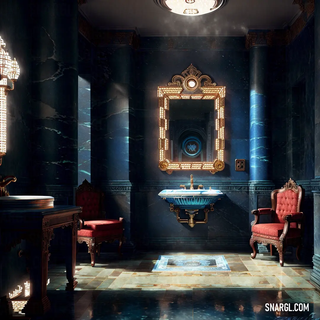 Fancy bathroom with a fancy sink and a mirror on the wall and a red chair in the corner. Color RGB 30,144,255.