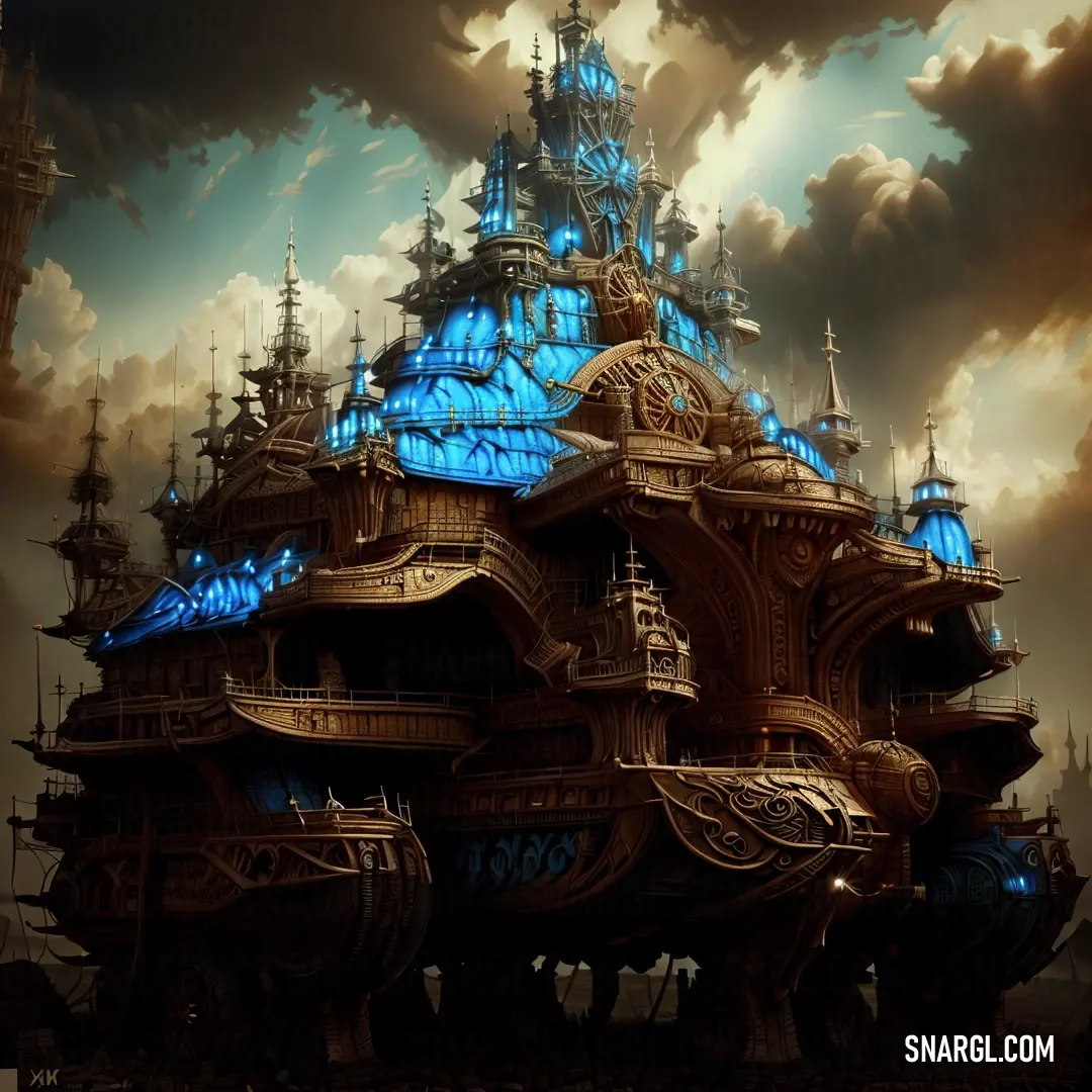 Futuristic building with a blue light on it's roof and a sky background with clouds and a castle. Color CMYK 88,44,0,0.