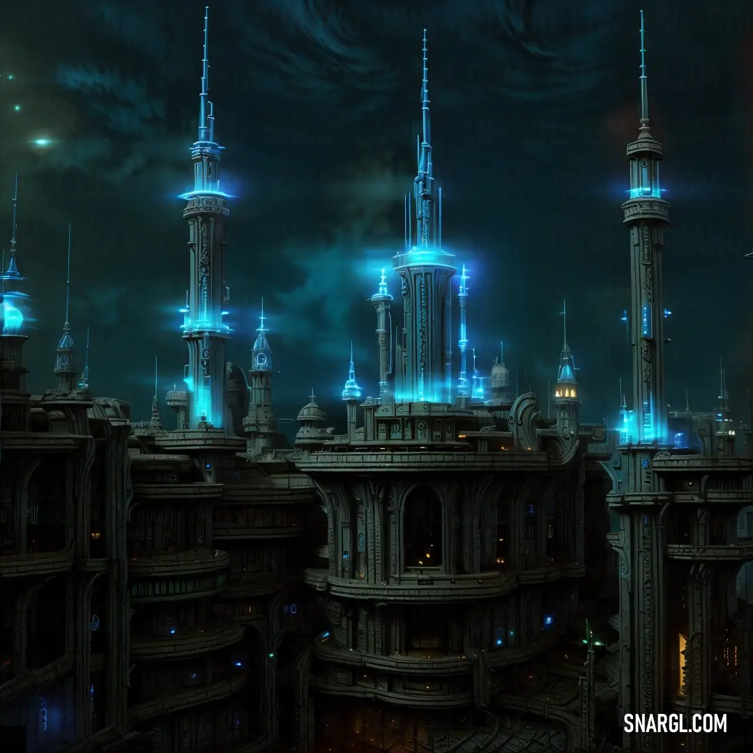 Futuristic city with a lot of tall buildings and towers at night time with bright lights on them and a dark sky