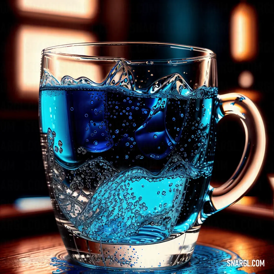 Glass of water with ice cubes in it on a table with a window behind it and a blue liquid in the glass