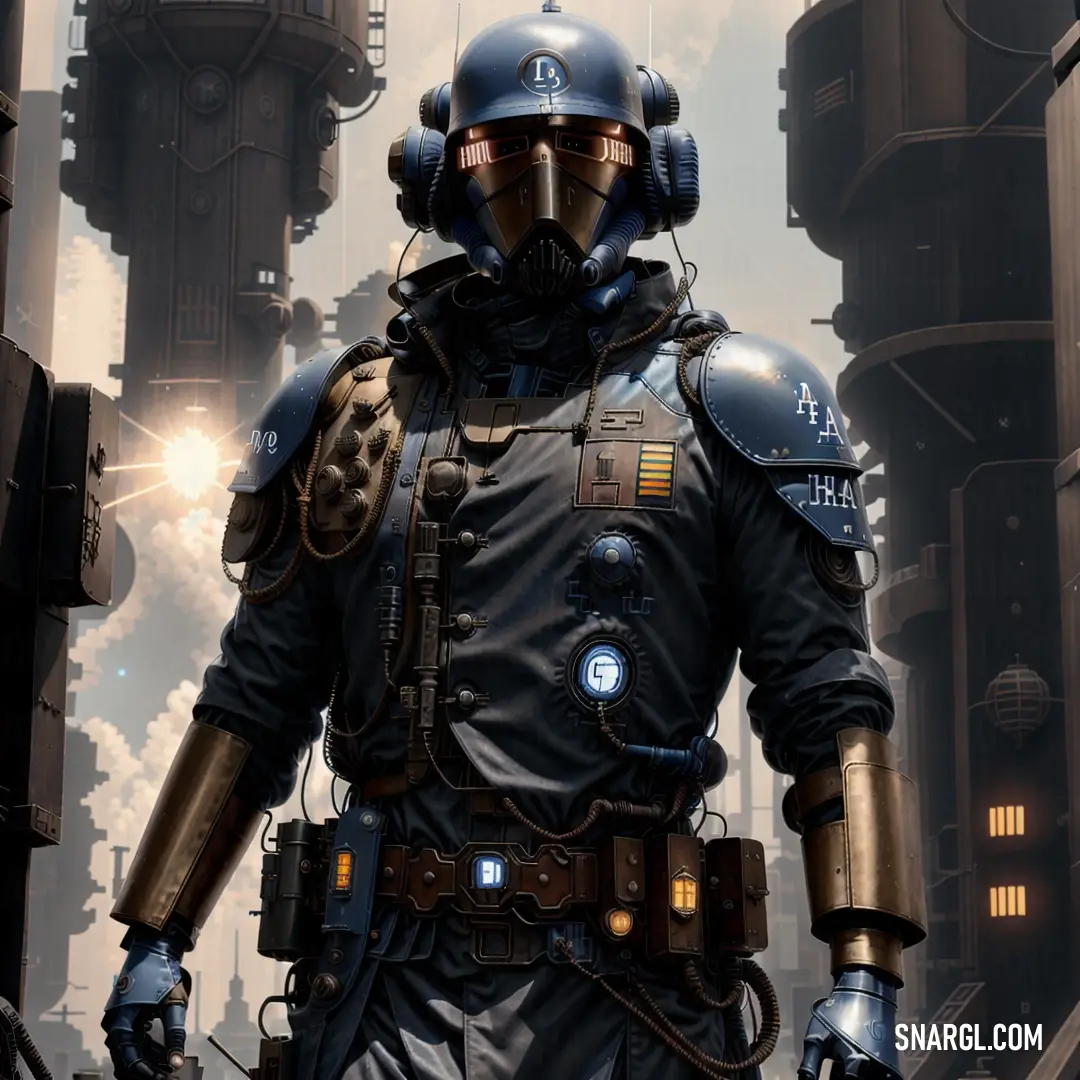 Man in a futuristic suit and helmet standing in front of a factory with smoke stacks and pipes in the background