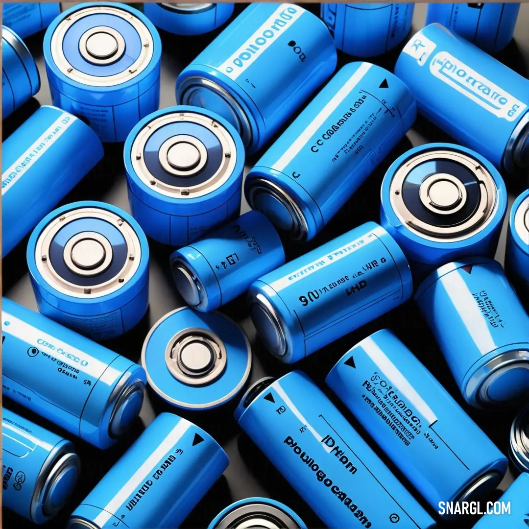 Pile of blue batteries next to each other on a table with a brown frame around them. Example of RGB 30,144,255 color.