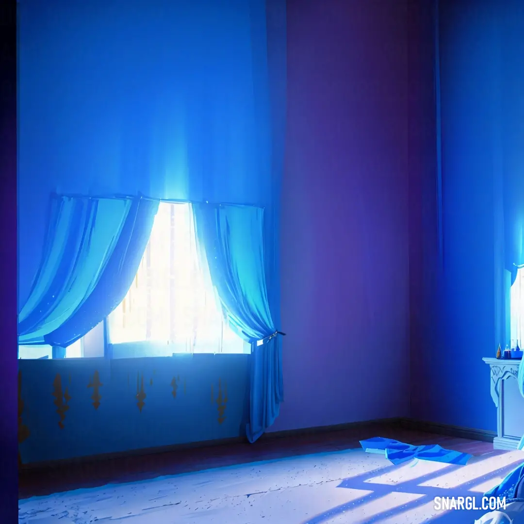 Room with a bed and a window with blue curtains and a white table. Example of CMYK 88,44,0,0 color.