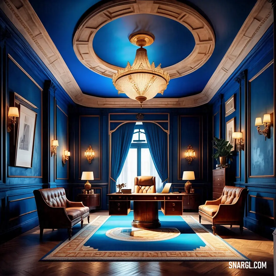 Room with a blue ceiling and a blue rug on the floor and a chair and a desk in the middle. Color CMYK 88,44,0,0.
