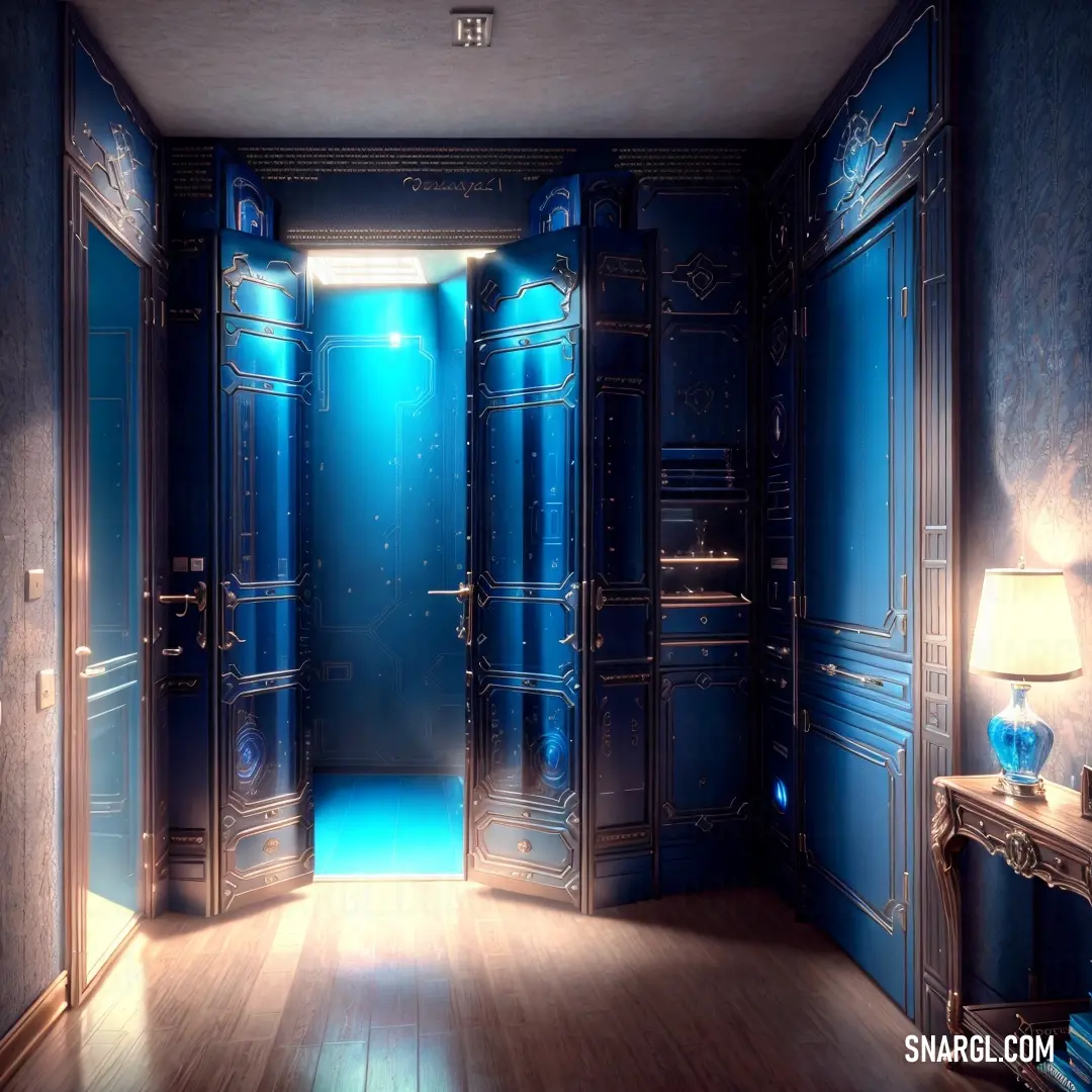 Room with a blue door and a lamp on a table in it and a blue wall and floor. Color Dodger blue.