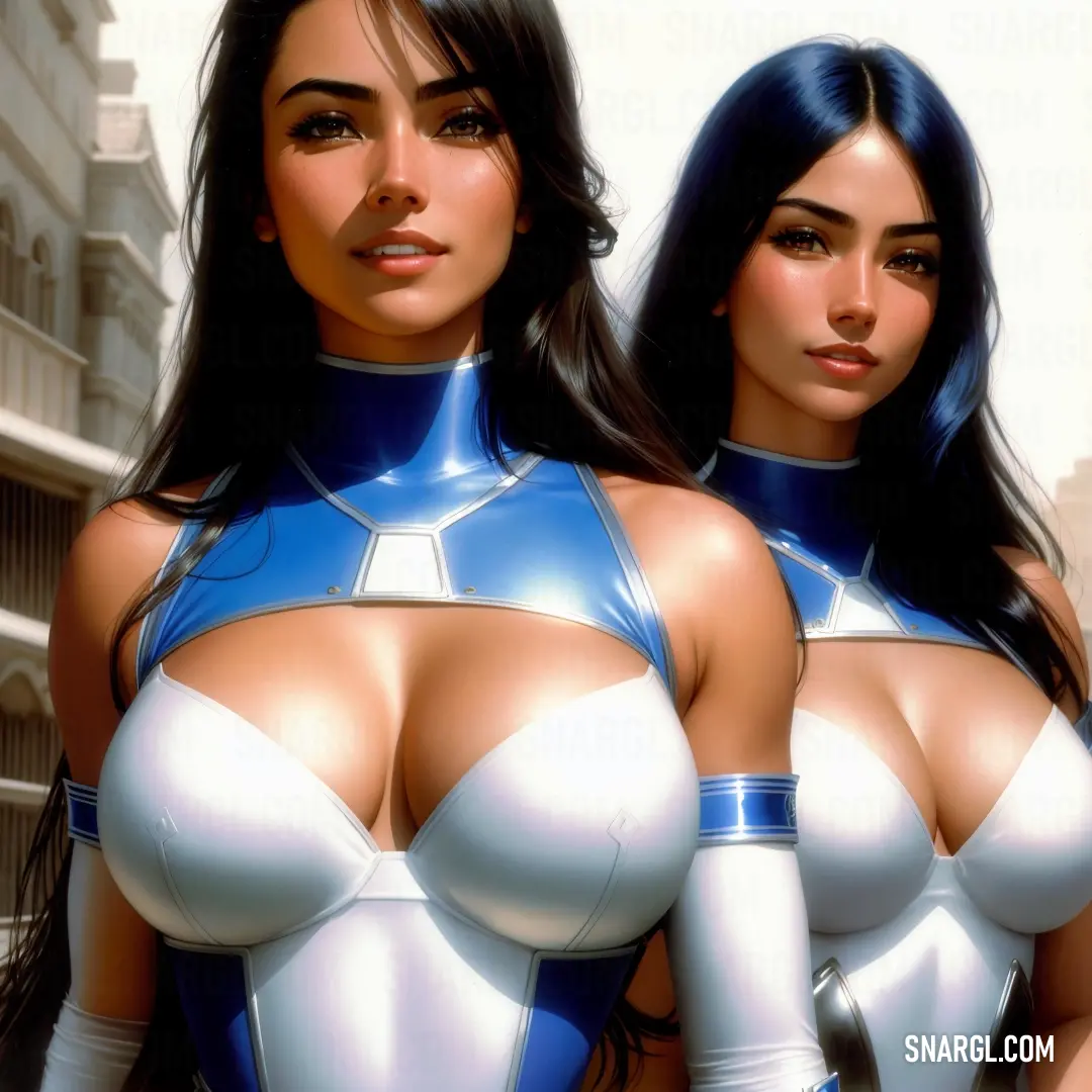 Two women in futuristic outfits standing next to each other in a city street